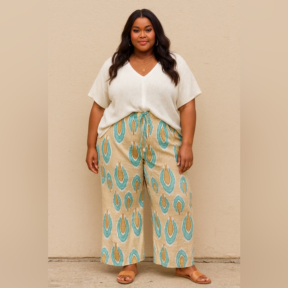 Nimo With Love 100% Linen Printed Pants XXL Tan & Teal